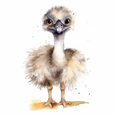 full body portrait of adorable tiny happy baby ostrich with big eyes looking for food on safari watercolor childrens Clipart white backround