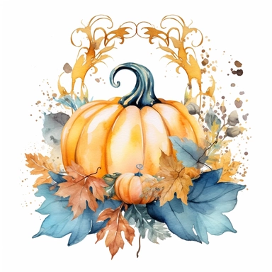 Watercolor pastel boho pumpkin with gold ornate watercolor sitting on pumpkin leaves white background. clipart