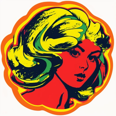 clipart sticker pop-art beautiful woman showing full torso, head, and hair, close up, bright 1960s colors, medium skin and hair, style of andy warhol. isolated on a white background