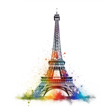 realistic and detailed eiffel tower with rainbow splash of watercolour in the background clipart on a white background