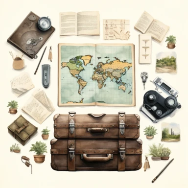 watercolour, travel theme, map, journal, soft and muted nuances, high quality detail, clipart, 8k, f1