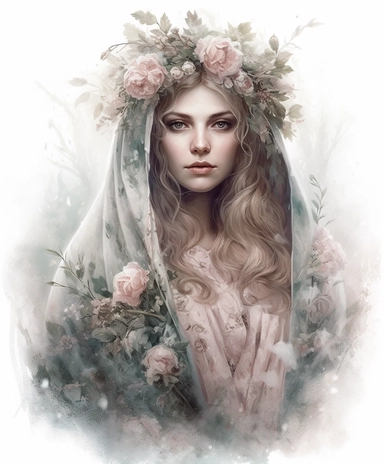 isolated on white illustration watercolor art of a portrait of beautiful feminine princess, overgrown with white and light pink roses and flowers, covered with snow and ice, a lot of moss and branches, lace and embroidery, trees, fur cape, masterpiece by Tom Bagshaw style and by Hans Zatzka style and by James C. Christensen style and by Alexander Jansson style, Baroque fashion, PNG clipart, isolated on white, white background, extreme photorealistic details, 32k HD resolution, realistic high det