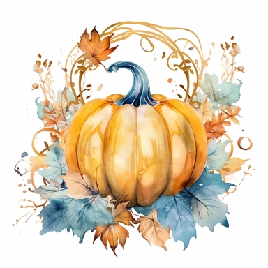Watercolor pastel boho pumpkin with gold ornate watercolor sitting on pumpkin leaves white background. clipart