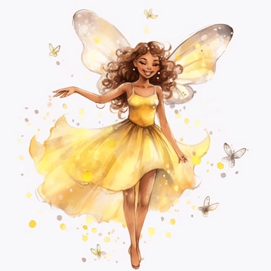 cute brown skin fairy girl clipart watercolor yellow dress [turnabout] front view, looking at camera cw, 8k, hd v5 line drawing midair
