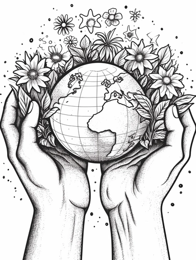 Coloring pages, black and white, linework, clip art, white background. In a circle, a Seedling growing, stars, planet earth, flowers, all being held within a pair of hands.