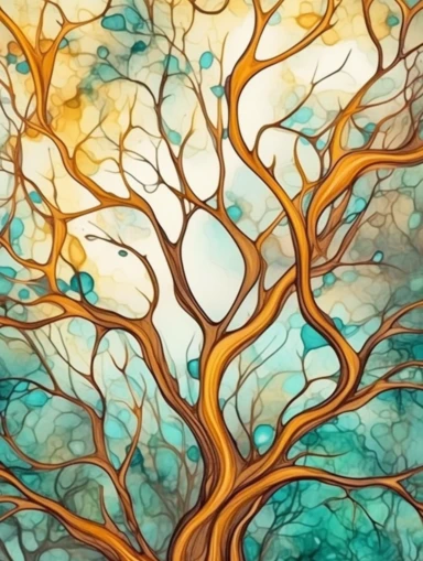 backboard of amberwood, clipart, soft, flowing lines, elegant, Art nouveau, teal and amber color scheme, Alcohol ink watercolor, no background