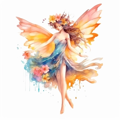 Clipart fairy girl with beautiful flowers, transparent wings, flying sideways, fantasy, watercolor paints, isolated objects on white background, beautiful delicate pink and blue fancy colors, sunny yellow, orange, honey, k8