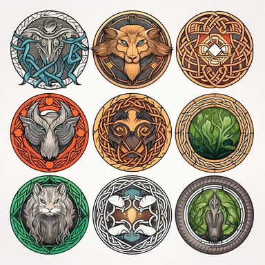 Generate a collection of lifelike clipart images featuring Celtic mythology and folklore symbols. Use a digital medium to create detailed illustrations that capture the essence of these ancient legends. Incorporate iconic symbols such as the Celtic knot, triskele, and Claddagh ring, paying attention to intricate patterns and precise linework. Utilize a vibrant color palette inspired by nature and Celtic artistry to bring these symbols to life.