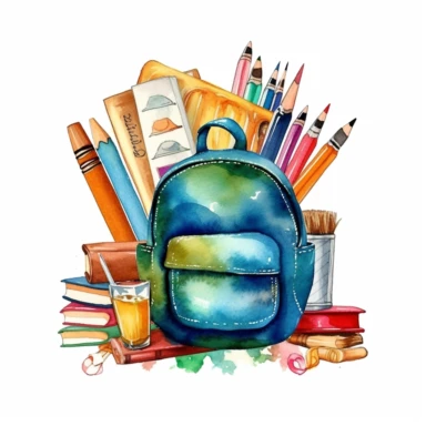 A clipart image of a watercolor backpack filled with books and school supplies on a white background.