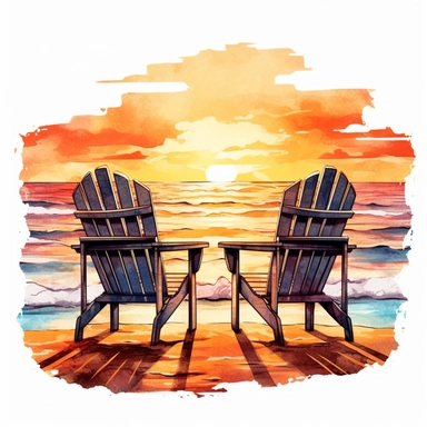 A wooden couple chair on the beach waves sunset, Watercolor Clipart, details Sublimation Clipart,Cartoon,hyper realistic, intricate detail, illustration style,high solution,on the white background