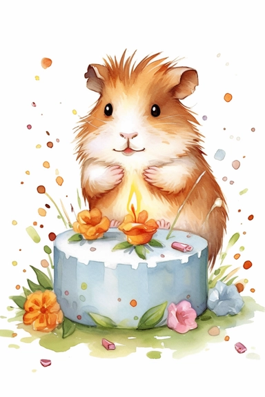 Create a watercolor clipart picture of a cute guinea pig sitting next to a birthday cake, with small flowers and greenery. The guinea pig should be a friendly and curious breed, and the cake should be a single-tier design with pastel colors and simple decorations, such as sprinkles and candles. The flowers and greenery should be scattered around the cake and the guinea pig, creating a whimsical and natural feel. The guinea pig can be holding a small party hat or a miniature banner to add to the 