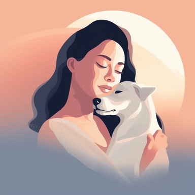 create a clipart cartoon minimalist, featuring the silhouette of a woman and a dog cuddle with her, light colours shades, aesthetic