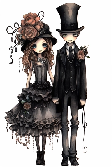 watercolor mixed media goth steampunk boy and girl entire body in goth steampunk wedding décor illustration clipart by holly hobbie