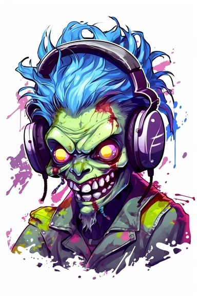 cute Zombie playing video game, wearing headphones, playstation, very vibrant colors, cartoon style, white background, clipart, colorful, HD