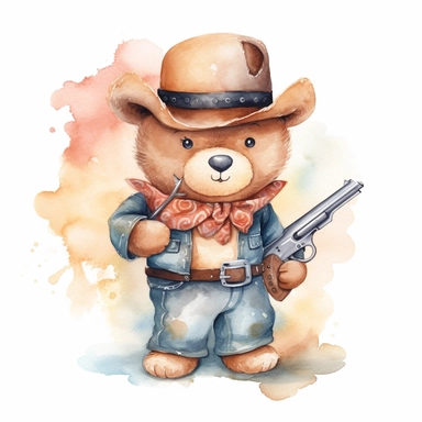 A cute watercolor clipart of a teddy bear dressed in Wild West cowboy attire, with a hat, boots, and a bandana around its neck. The bear has a confident stance and a revolver in its holster