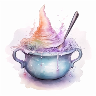Pastel creepy witches hat with bubbling cauldron clipart image, in the style of mystic mechanisms, subtle pastel tones, pencil art illustrations, soft pastel tones, reimagined by industrial light and magic, litho printing, illusory images, watercolor clipart