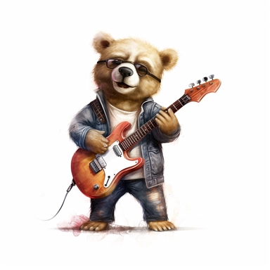 a watercolor of a realistic teddy bear, with a bass quitar, rock band style, vector free clipart illustration, in the style of unreal engine 5, 32k uhd, detailed features, white background