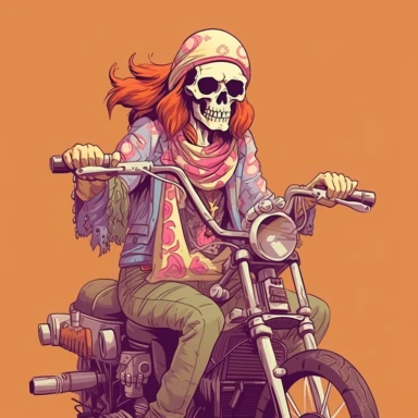 skull head motorcyclist looking like a 60s hippie freak riding a harley clipart