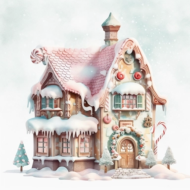 stunning gingerbread house in snow, soft faded colors, Christmas clipart
