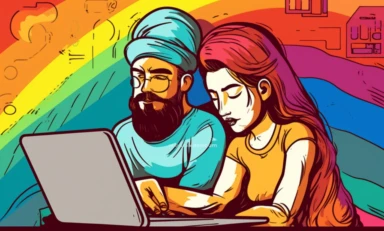 cartoon clipart of a couple looking at a laptop computer, in the style of experimental videos, bloomcore, light beige and bronze, colorful animation stills, subtle ink application, language-based, commission for