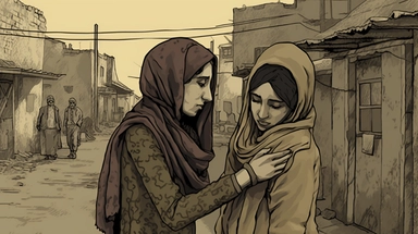 a scene of women group,a young woman console another young woman with touching her shoulder with sad face,they act like soldiers and fighters,wearing palestinian kufiya, standing in a poor old street , they are standing with side view they are Palestinians from Hebron+refined drawing details+ horizontal images aspects + dark color tones+ vintage drawing style ,clipart drawing, clipart image, high definition drawing, clean colors, balanced colors, detailed drawing, image ratio 16:9 , aspects : hi