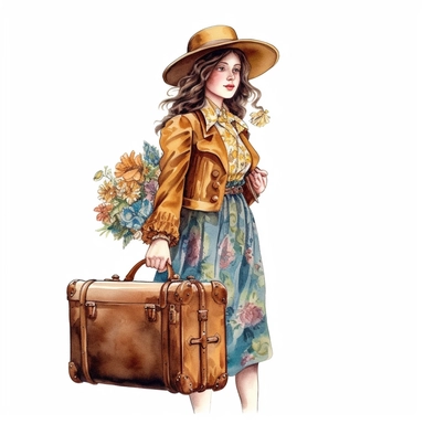 A vintage young lady carrying a Leather brown retro bag, floral, james christensen style, illustration Watercolor hand painted vintage suitcase design. Travel concept clipart, white background with margins, white background for removing background - - no text shadow font watermark