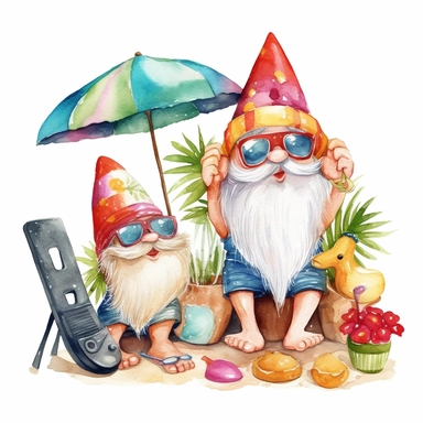 Watercolor painting clipart of gnomes ready for the beach, with flip flops, beach balls, margaritas, sunshine, towels, sunglasses, strong colors