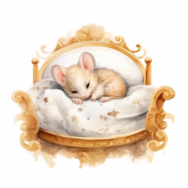 a cute Sleeping baby mouse on a cute bed, highly detailed, watercolor, clipart