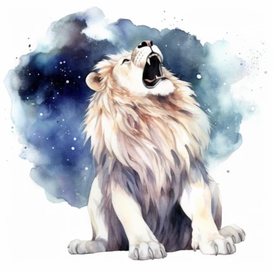 watercolor clipart of celestial white roaring lion, full body shot, cosmos in background, on white background
