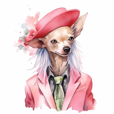 An adorable watercolor clipart of a Doggy Diva wearing a fashionable outfit, hairless Chinese Crested