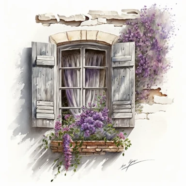 clipart watercolor, detailed, realistic, white background. Window with shutters with lavender flowers on the sill, ledge