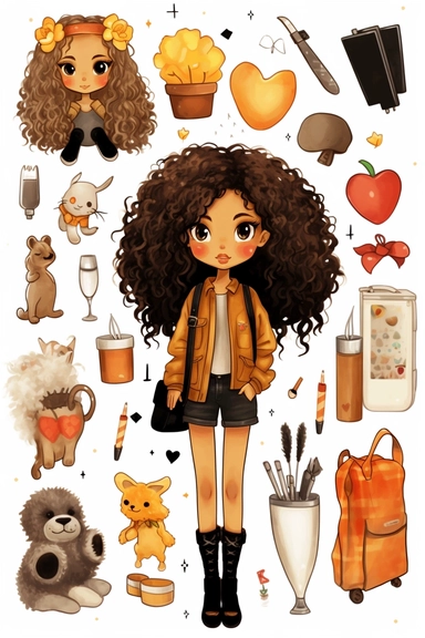clipart set Cute illustration fashion black girl back to school watercolor clipart, full body, Cute kawaii sticker