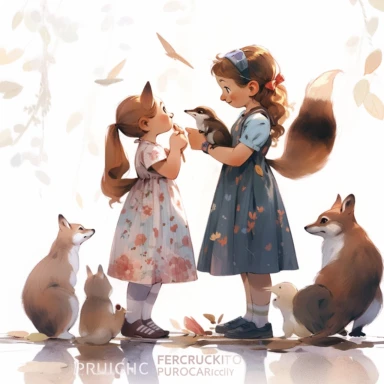 2 girls, squirrel girl and rabbit girl, Little girl exploring, illustration for book, children's book, 2 clipart, fiorucci angels, beautiful decoupage paper, pastel colors, white background clipartm, fantasy art, squirrel ears, perfect eyes, detailed body, Watercolor Clipart, strybk, full Illustration, 4k, sharp focus, watercolor, smooth soft skin, symmetrical, soft lighting, detailed face, concept art, watercolor style, strybk, children's style fairy tales, chibi kawaii, Octane rendering, 3d. P