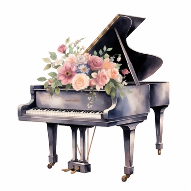 baby grand piano floral clipart, watercolor style, white background