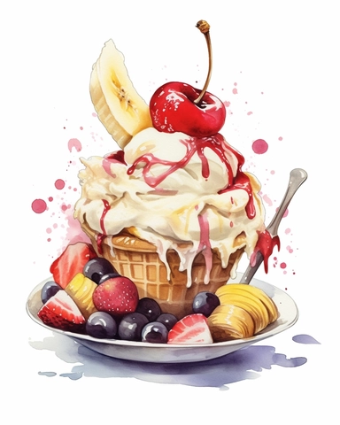 banana split with ice cream on top, watercolor, on white background, clipart