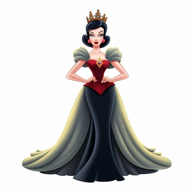 FULL-BODY PERSPECTIVE OF A 2D DISNEY CLIPART ILLUSTRATION OF A BEAUTIFUL AND BENEVOLENT QUEEN, WHITE BACKGROUND, STYLE OF DISNEY'S 1937 MOVIE SNOW WHITE, WHITE BACKGROUND