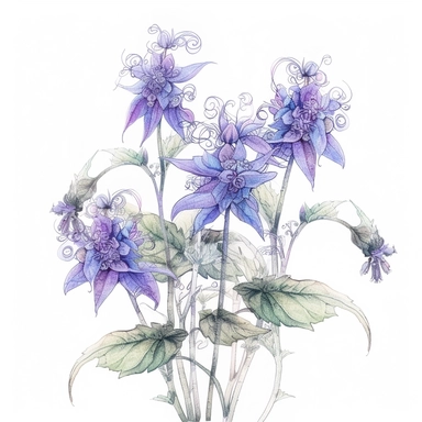 : [Digital] illustration of purple borage flowers as a clipart with white background. A stunning illustration capturing the essence of purple borage flowers in a whimsical and enchanting way. The delicate petals of the flowers form intricate patterns, reminiscent of lace, as they unfurl towards the sky. The illustration is bathed in soft, diffused light, casting gentle shadows and adding depth to the composition. The color palette consists of rich shades of purple, complemented by hints of green