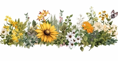 Pressed boho cottagecore floral clipart Peony, ranunculus, sunflower and verbena floral border wildflowers with green foliages floral nature garden border, clipart with white background