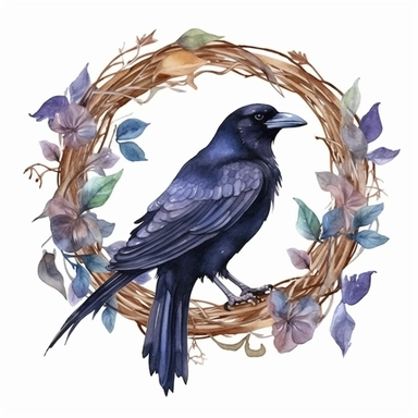 a cute fluffy fat flying raven on a branch, wreath, in a circle, clipart, white background, watercolor, Art Nouveau, highly detailed