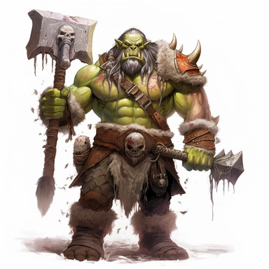 beautiful painted Thrall from World of Warcraft, war chief, full body , holding his orgrim doomhammer, paint art style, detail, clipart, white background, superrealistic, one of a kind