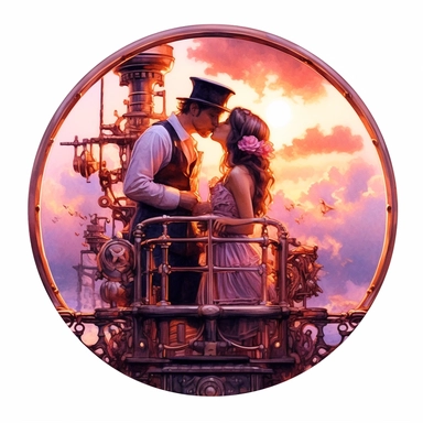 Steampunk couple sharing a passionate kiss on a steam-powered gondola, surrounded by floating mechanical flowers and a stunning pink sunset sky, hyper-realistic, retro-futurism, watercolor clipart, white background, ultra high quality