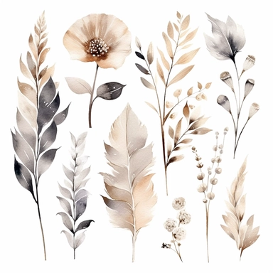 Watercolor Elegant Neutral Colors whites, creams and grays Bohemian leaves, Floral Clipart, Bohemian Wild Flowers, Bohemian Leaves Watercolor, 8k