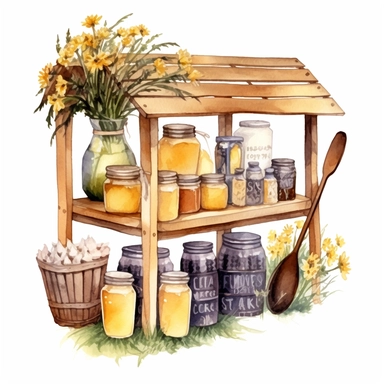 hand drawn honey stand, honey for sale, flowers and grass, shades of yellow and purple, very detailed, very realistic, watercolor, clipart style white background with margins