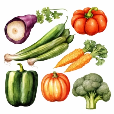 watercolor, Fresh organic vegetables set. Natural healthy food products. Different veggies, pumpkin, pepper, broccoli, carrot. Vegan agriculture harvest. png Full body realistic cartoon in 32K UHD cute. 15 cm thick outline. Black color. There was no shadow on the ground. 8k with realistic watercolors and detailed illustrations. PNG clipart, transparent white background