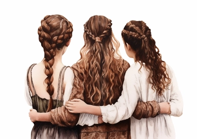 watercolor, hyper realistic, white background, white margins, 16k, ultra detailed clipart, cut out image, hand-drawn four girls with braided or curly hair, in the back, in the style of dark white and light brown, realistic yet romantic, furaffinity, uhd image, cut and paste, mommy's on-the-phonecore, blink-and-you-miss-it detail