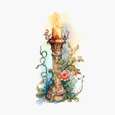 water color, one, 1, old Victorian candle holder covered in vines and flowers, late night, in a cottagecore style, white background, clipart style