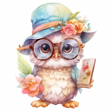 clipart happy baby owl in glasses with hat, summer pastel colors, 8k, white background