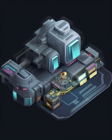 isometric perspective, game sprite, futuristic small spaceship hanger concept, gaming asset, sci-fi, fun, creative, cartoon, clipart, hyper-detailed, black background,