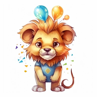 cute Lion character wearing birthday clothes and birthday element with happy face,front facing on isolated background,with happy face and expression,Animal Sublimation Clipart,no splash watercolor,white background, ultra detailed clipart, cut out image, colorful watercolor realistic, cartoon style, ultra HD, sharp and clean art