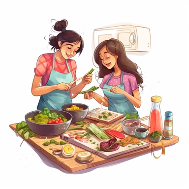 Graphic design,Two friends cooking together in the kitchen, with ingredients and utensils surrounding them and a delicious dish in the making , clipart ,hdr,8k, white background